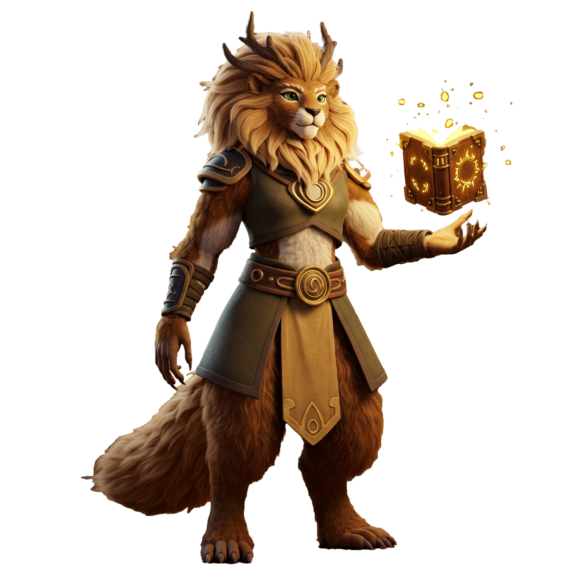Heroic lioness spellbinder with a hovering spellbook