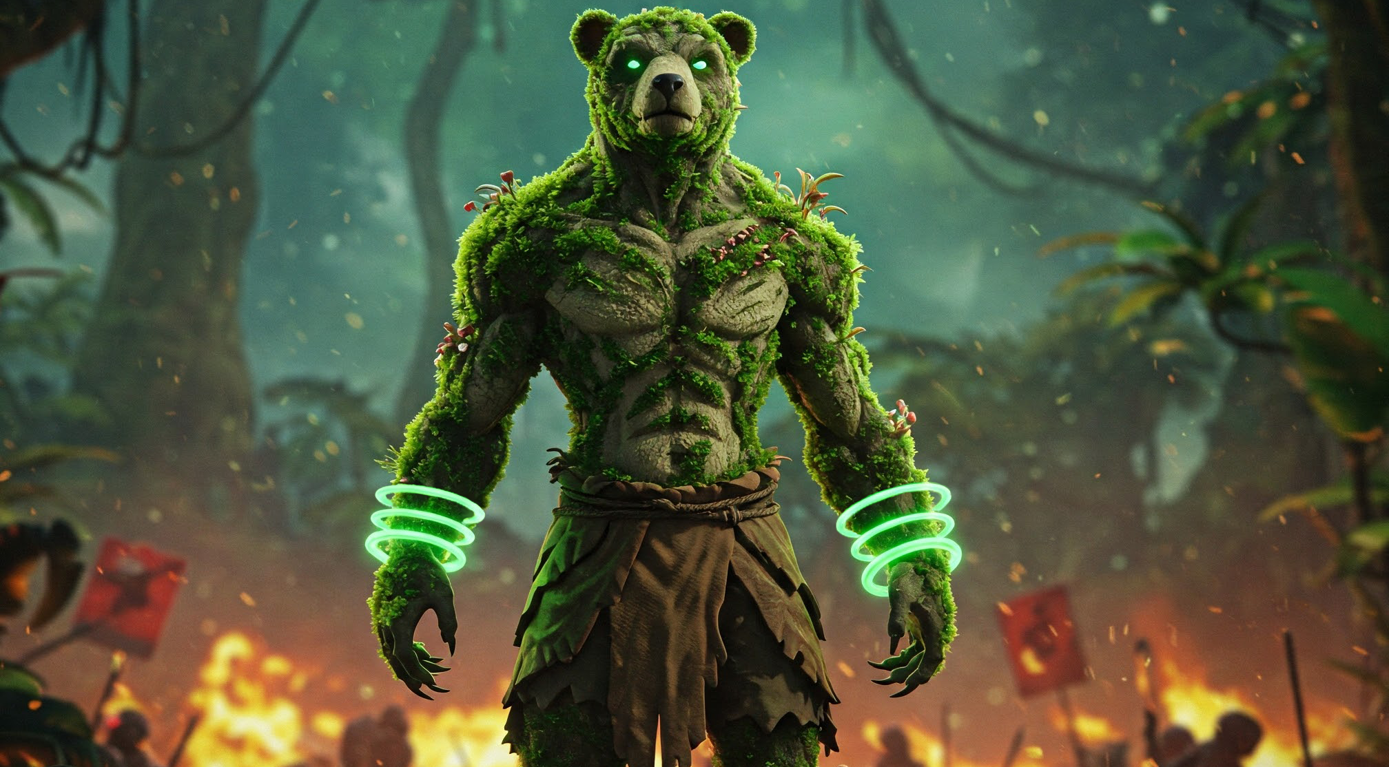 moss bear stands in front of a fiery battlefield