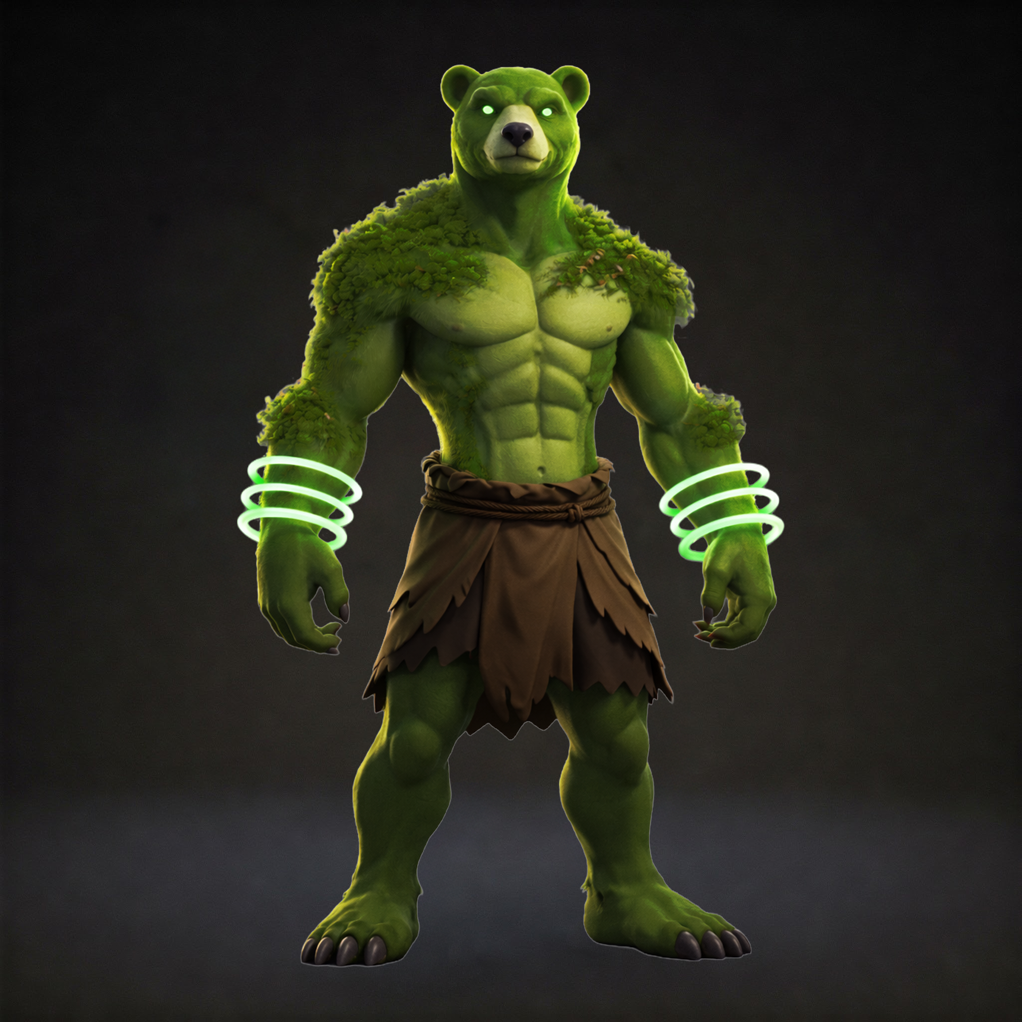 moss covered bear humanoid wields energy rings around forearms