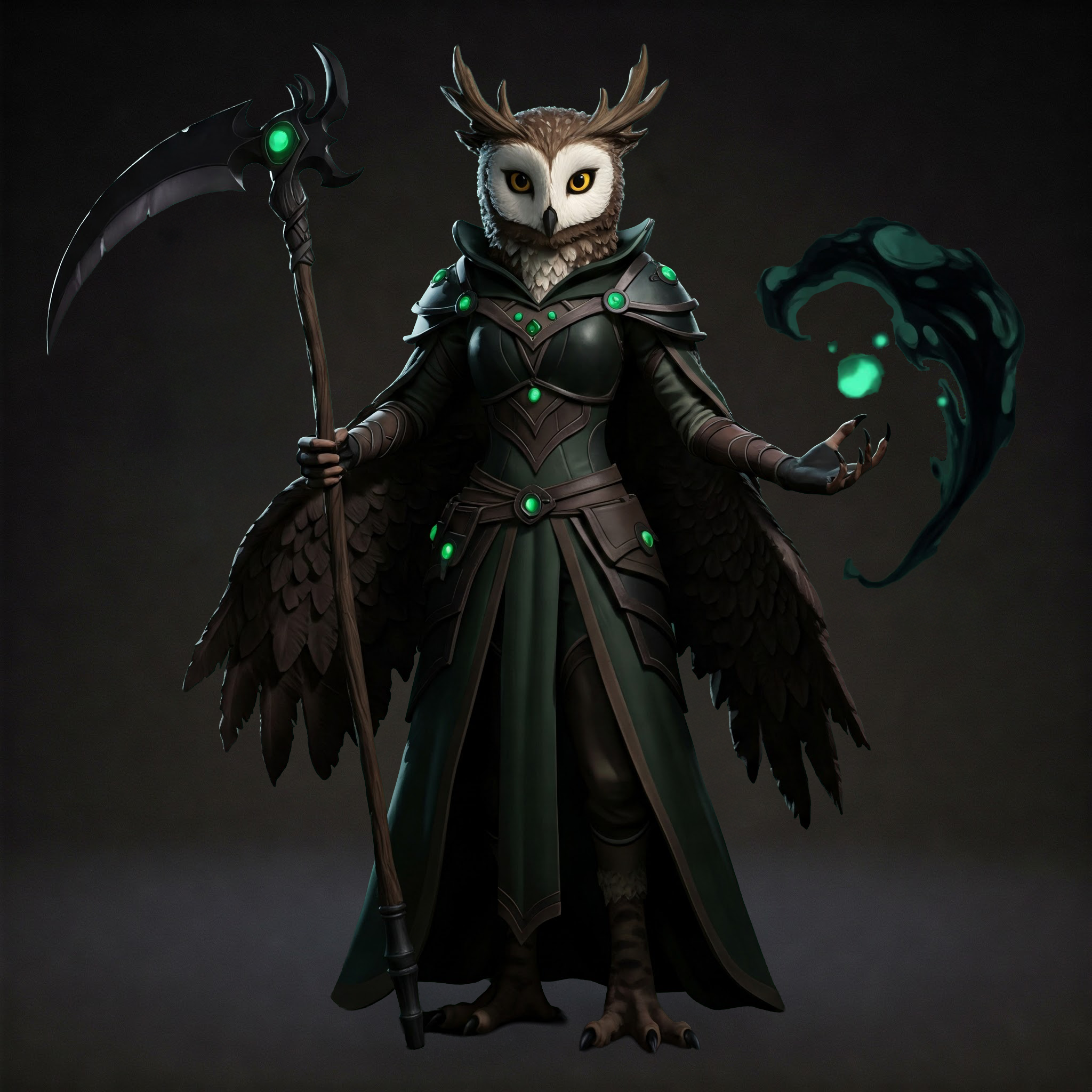 owl reaper humanoid wields scythe and dark magic energy ball