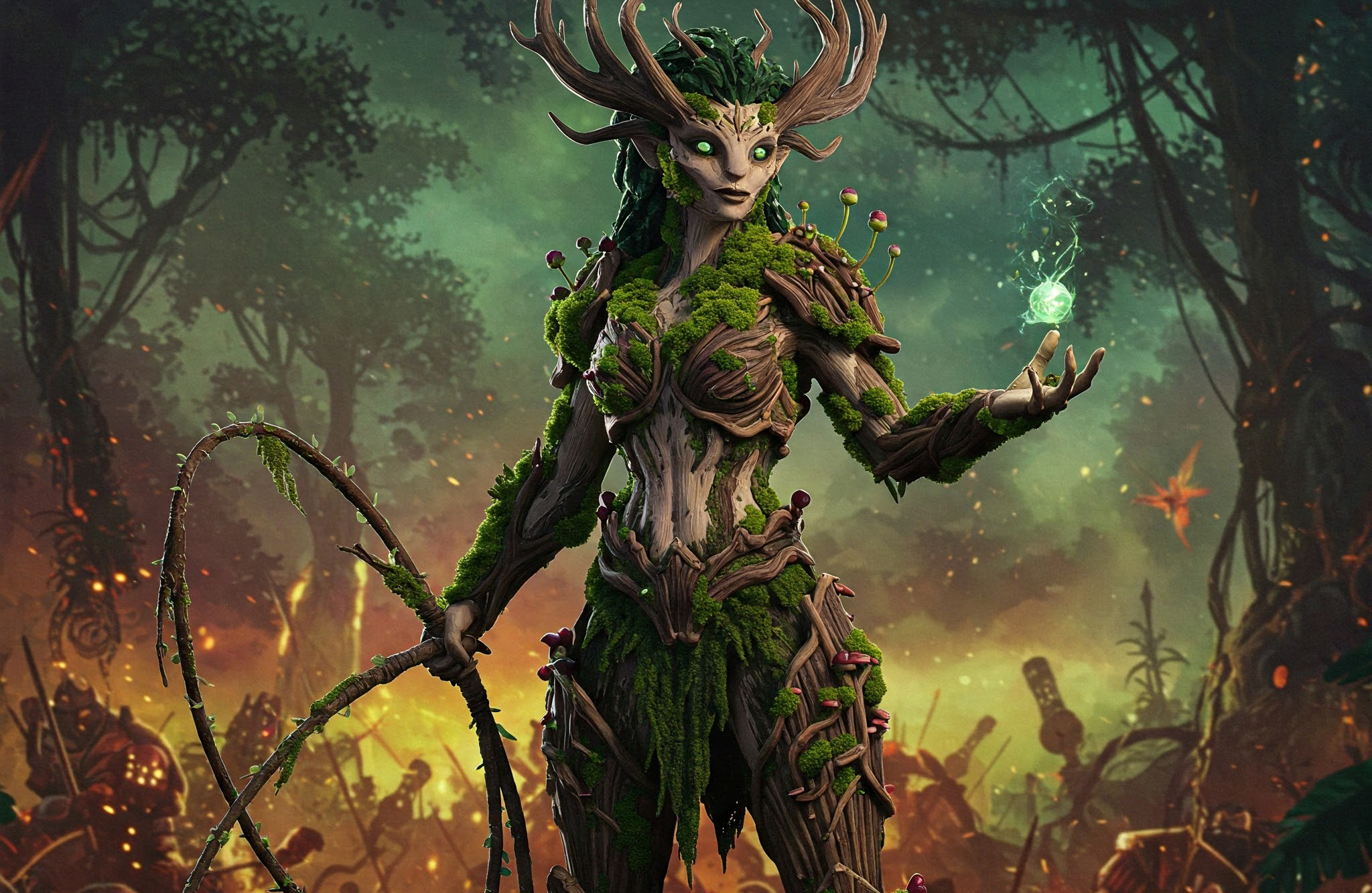 gnarled moss queen standing in front of a fiery battlefield